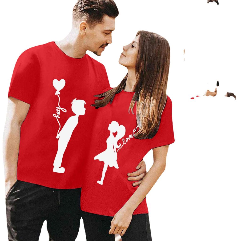 Polyester 100% Valentijnsdag T-shirts voor Koppels, Korte Mouwen, Veelzijdig, Ronde Hals, Leuke Gedrukte Designs voor Zowel Mannen Vrouwen