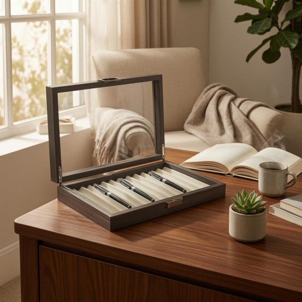 Wooden Pen Box with Glass Lid Clear Wood Display Premium for Office