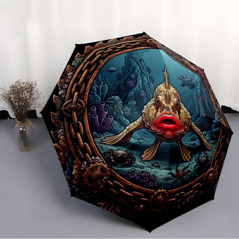 Underwater Mechanical Fish pattern umbrella, portable and foldable design, 8 ribs, a casual accessory for Halloween, Christmas, and birthday gifts.