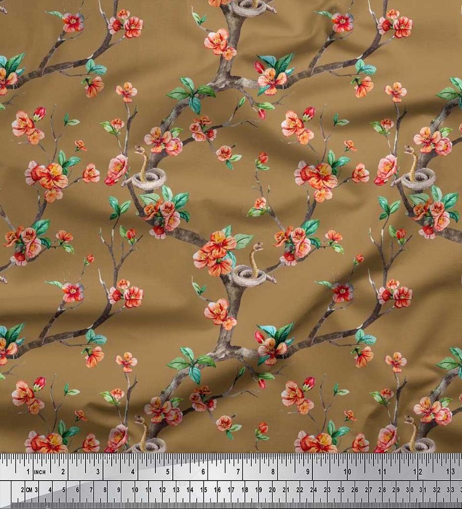 Soimoi Japonská krepová saténová látka Had, listy a květy, květinový potisk v metrech 42 palců