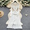French Retro Turn-down Collar Long Sleeved Metal Buckle Dress for Women's Autumn Slimming Waist Knit Long Dresses