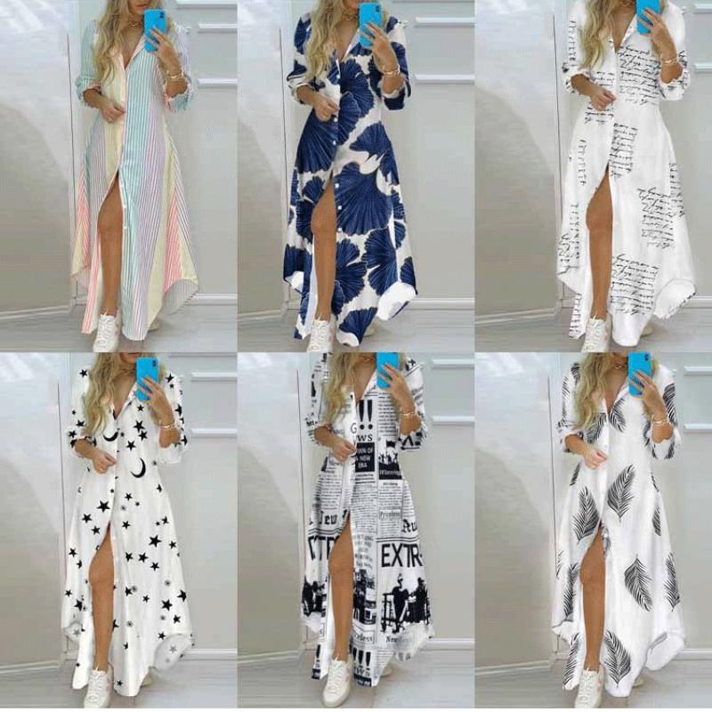 Women Long Sleeve Print Shirred Shirt Style Long Maxi Comfortable Dress Lightweight High Recognition Elegant with Flattering Chic Casual Dress