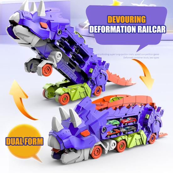1 Set Dinosaur Swallow Truck Toy with Small Alloy Car Foldable Track Portable Handle Inertial Drive Dinosaur Container Carrier Vehicle Toy Boys Girls