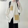 INCERUN Men Casual 3/4 Sleeve Round Neck Splits Striped Print Oversized T-Shirts Tops