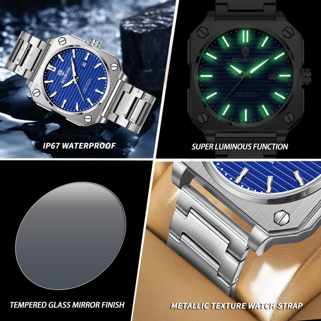 BINBOND Orginal Luxury Quartz Wristwatches For Men Luminous Waterproof Auto Date Men's Watch Casual Reloj Gift For Him