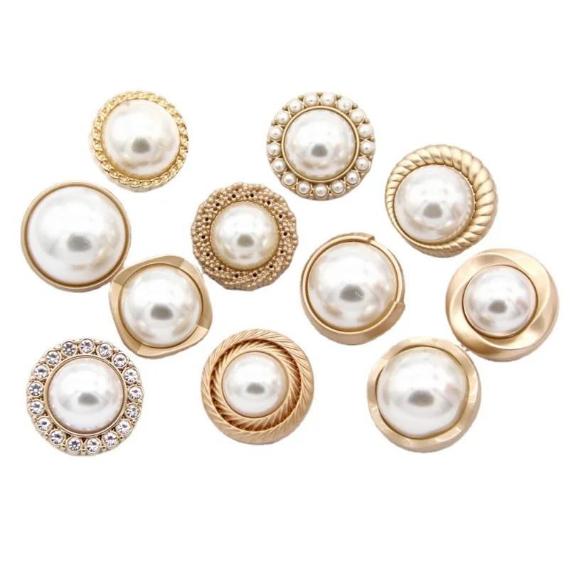 10pcs Pearl Gold Metal Women Coat Buttons For Clothing Vintage Sweater Decorative Buttons Quality Sewing Accessories