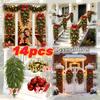 14Pcs Luxury Set - Christmas Artificial Norfolk Pine, Golden Bells, And Shiny Christmas Balls DIY Combination, Classic Red And Gold Color Scheme