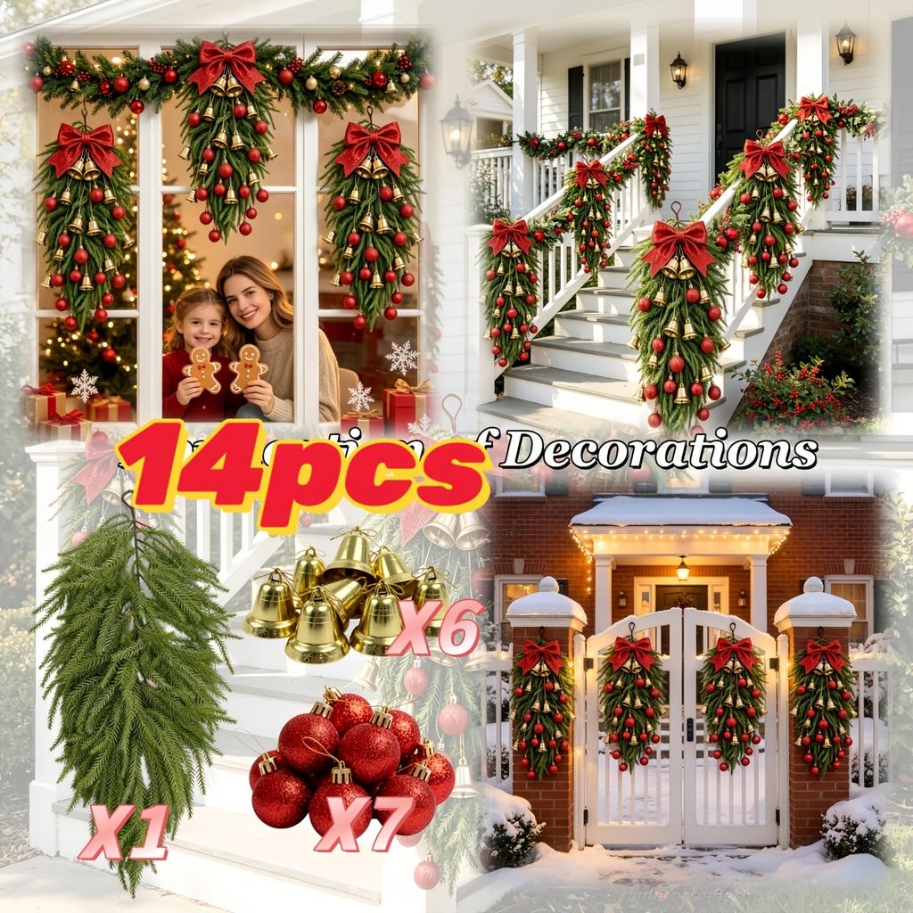 14Pcs Luxury Set - Christmas Artificial Norfolk Pine, Golden Bells, And Shiny Christmas Balls DIY Combination, Classic Red And Gold Color Scheme