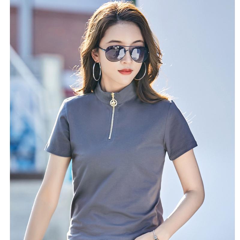 Women's Summer New Style T-shirt Women's Short-sleeved Stand-up Collar Slim Slimming Pullover Base Solid Color Korean Casual Simple