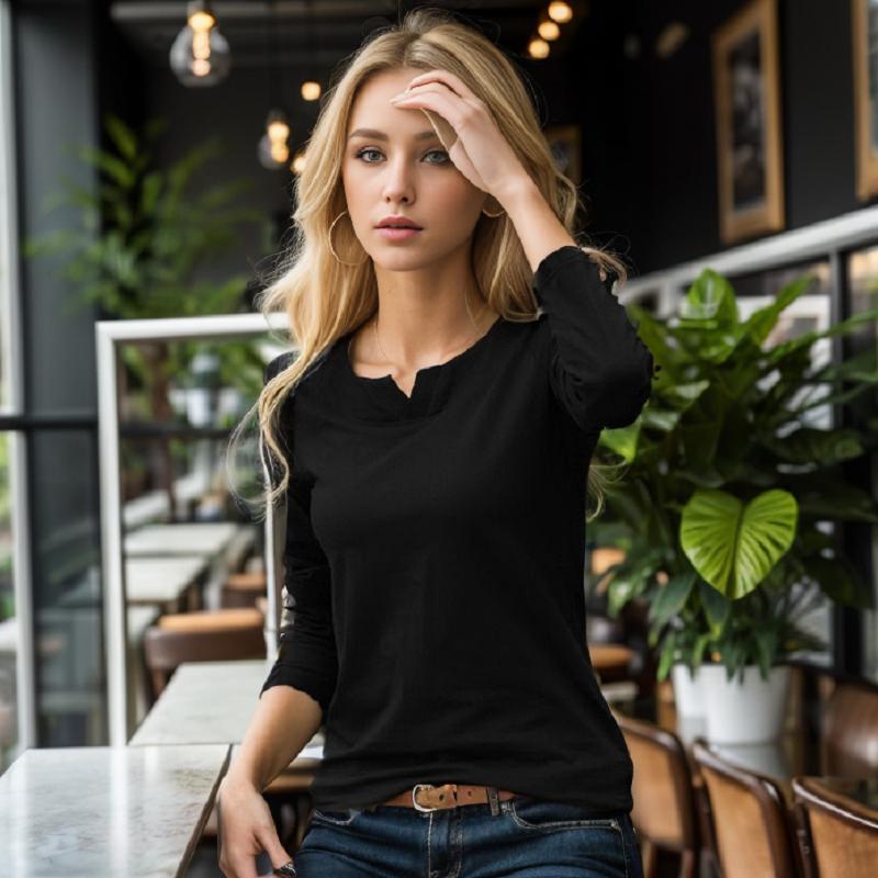

Spring and Autumn Long Sleeve T-Shirt Women Small V-Neck Bottoming Shirt European Style Slim and Thin Top Youth Temperament XXXL чорний