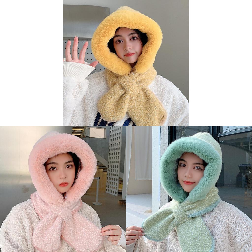 Winter Plush Hat With Scarf For Adults Pure Color Cozy Windproof Korean Style