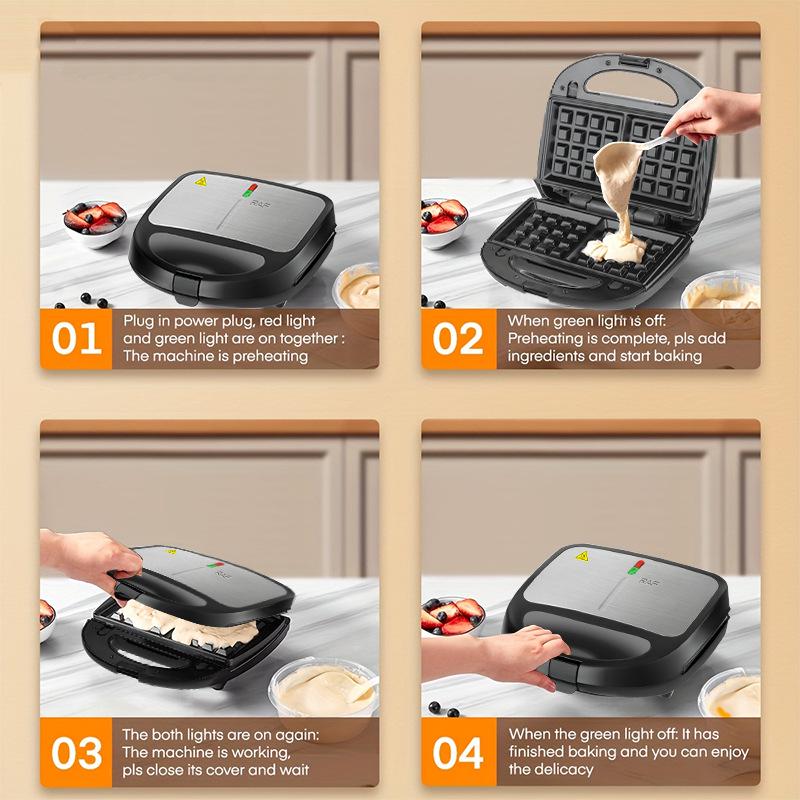 3-in-1 Non-stick Sandwich, Waffle, and Grill Maker with Detachable Plates