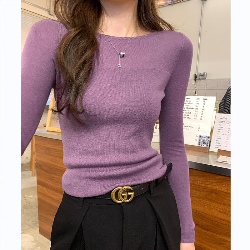 

Women s Round Neck Knit Sweater, Spring and Autumn 2026 New Style, Regular Shoulder Pullover with Long Sleeve T-Shirt S фиолетовый