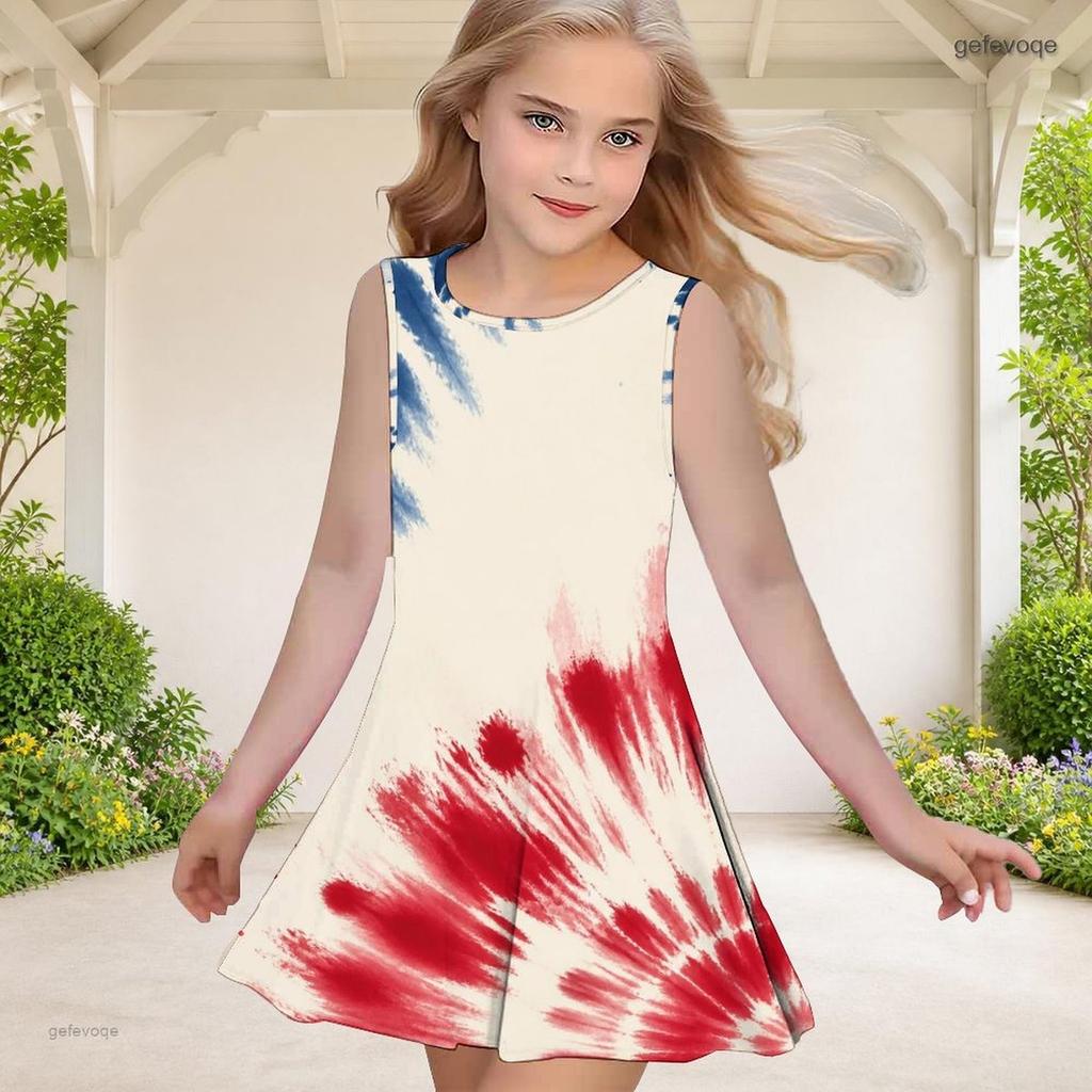 Girls Round Neck Sleeveless Navy Blue Starry Printed A Line Flared Dress