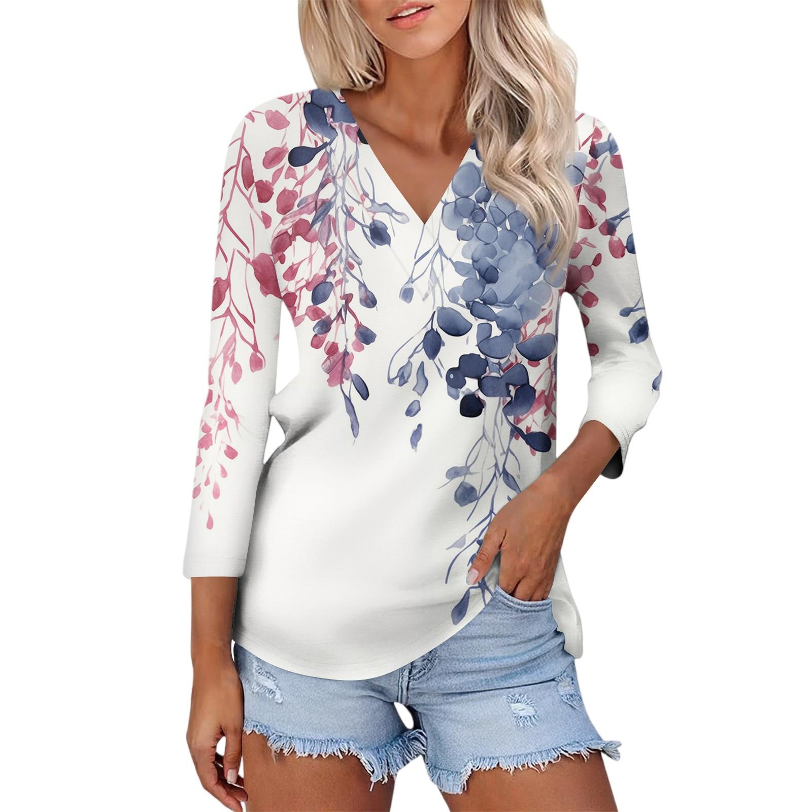 

Жіночий повсякденний модний сексуальний зручний топ з V-подібним вирізом, квітковим принтом та рукавом три чверті XXL Темно-синій