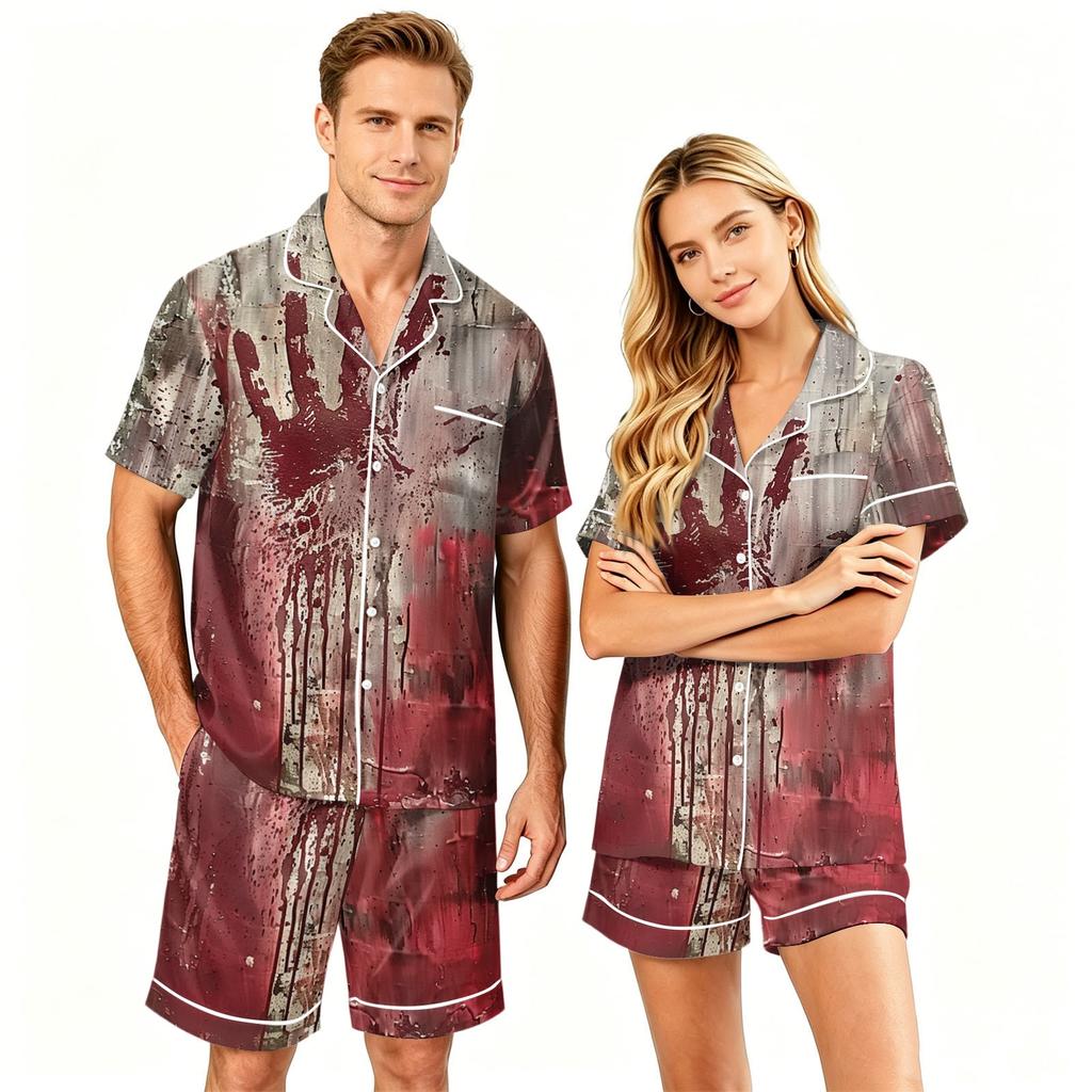 Couple Matching Halloween Pajama Set Short Sleeve Button Down Shirt and Shorts Sleepwear Soft Casual Lounge Wear S-XXXXL