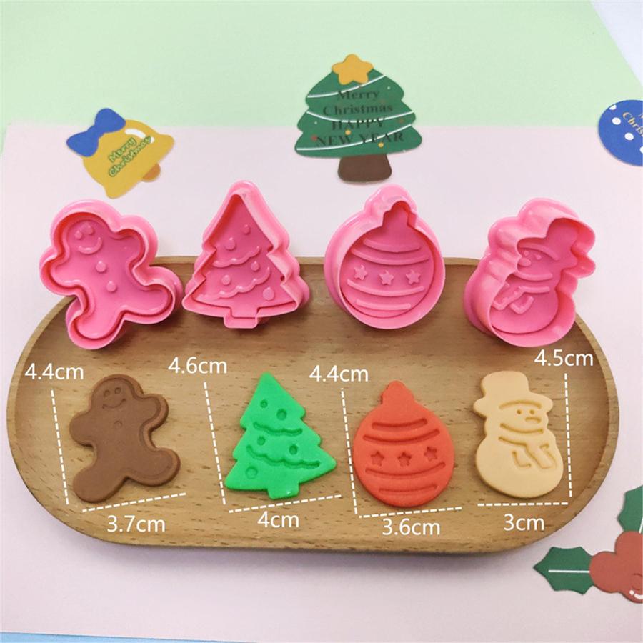 4-Piece Set of Christmas Cookie Molds, Cute Gingerbread Man Christmas Tree Fondant Cookie Cutter, Chocolate Stamping Mold Printing Mold Cake DIY D