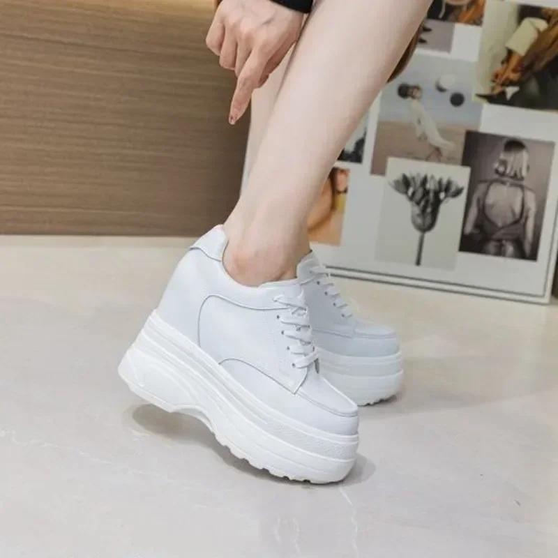 Fashion New Women Sneakers Genuine Leather Casual Platform Trainers Black Shoe 11CM Heels Autumn Wedges Woman Height Increasing Shoes