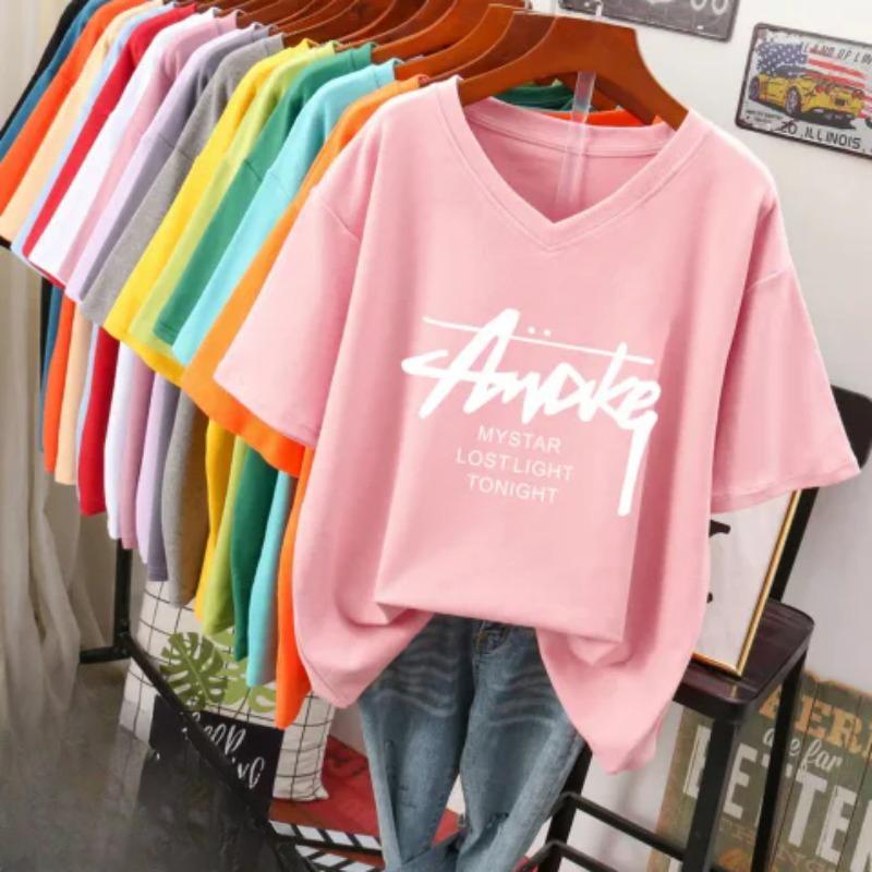 Dámské tričko s krátkým rukávem, volného střihu, zeštíhlující top s potiskem a výstřihem do V