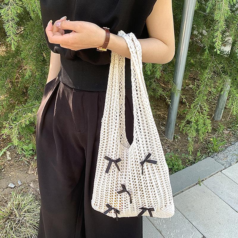 Yogodlns Bow Design Knitting Shopper Shopping Bag Female Shoulder Bags For Women Korean Fashion Soft Handbags Trend Travel Tote Bag