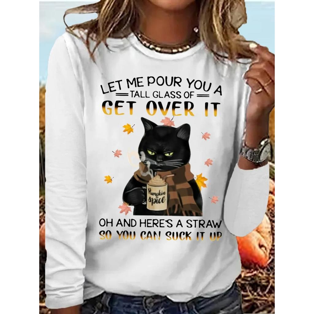 Okrągły dekolt 3D nadruk zabawny kot wzór top modny casual długi rękaw damskie koszulki