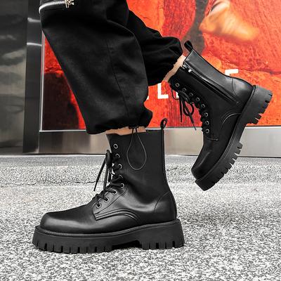 Mens Fashion Stage Nightclub Wear Motorcycle Boots Soft Leather Shoes Black Cowboy Platform Boot Handsome High Top Botas Hombre