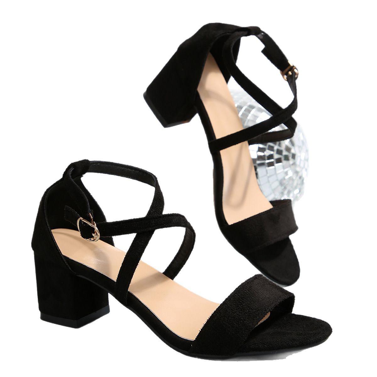 

European and American large-size high-heeled sandals women s 2025 summer new round head cross strap comfortable trendy women s sandals 43 чёрный