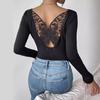 Elegant Back Hollowed Out Paste Hu Butterfly Lace Long-sleeved Solid Color T-shirt Skinny Tops Versatile Closet Essential Fashion Items Shirt