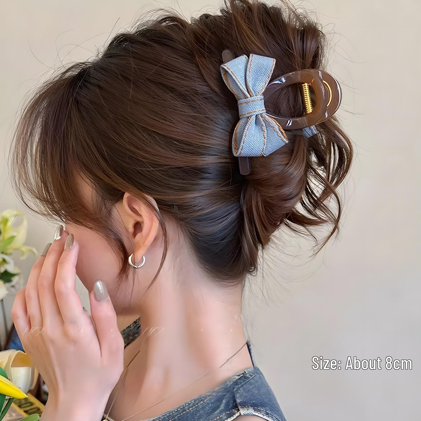 2025 Large Feminine Gray Bow Shark Claw Clip - Denim Blue
