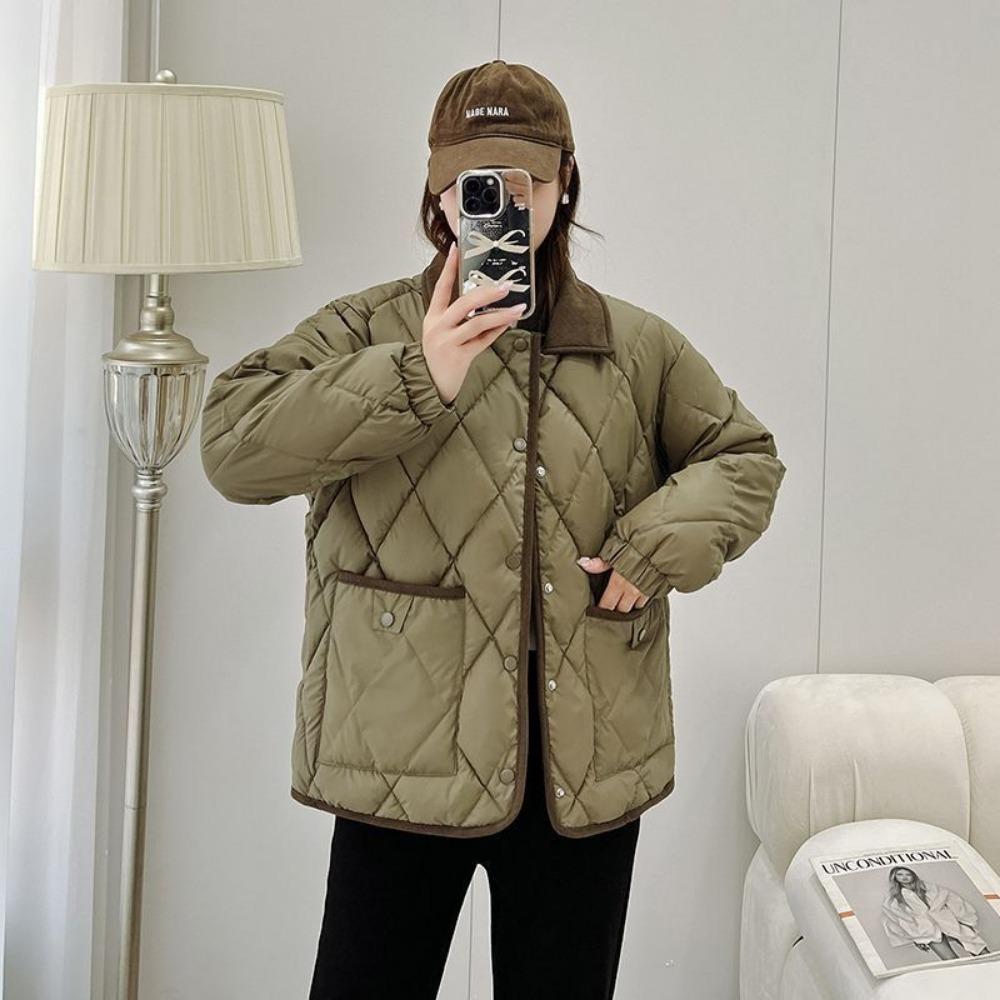 Xiaoxiangfeng rhombus down cotton clothes 2025 new leave-in foreign style loose contrasting color versatile short autumn and winter coat