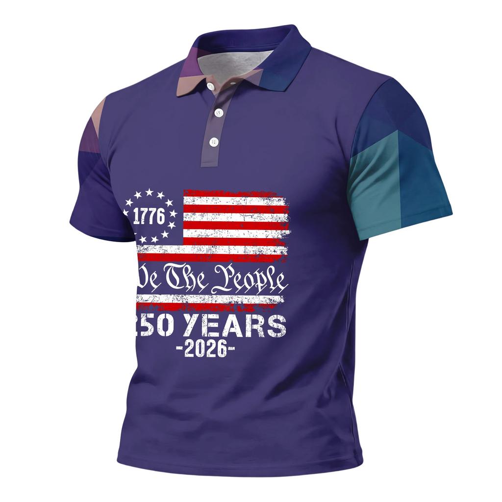 Men's Loose Fit Casual Polo Shirt Short Sleeve Printed Flag Graphic Button Collar Comfortable Summer Top