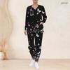 Women Plus Size Black Printed Nurse Scrub Set V Neck Long Sleeve Top And Long Pants With Pockets