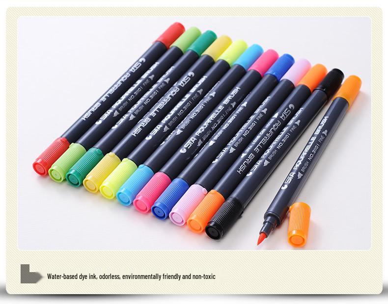 STA 3110 Watercolor Marker Set: Double-Ended Soft Tip, Water-Soluble, Washable Drawing Pens for Manga.