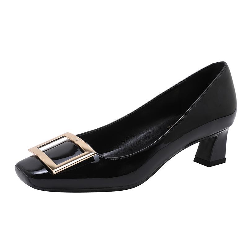 Elephant Grey RV Loafers 2025: Chunky Heel, Square Buckle, Patent Leather, Low-Cut, Versatile French Style Women s Shoes for Work  Commute. 39