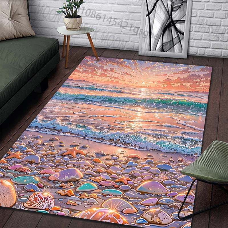 Tappeto Tappetino con Stampa Spiaggia al Tramonto e Stella Marina per Soggiorno Camera da Letto Divano Zerbino Decorazione per la Casa Tappetino Antiscivolo
