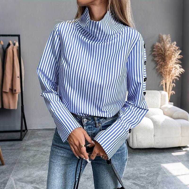 ZANZEA Women Casual High Neck Loose Long Sleeve Stripe Blouse