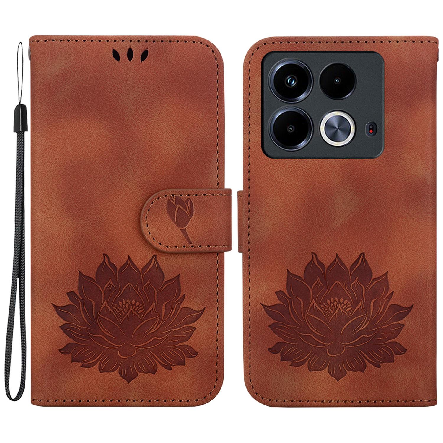 

For Infinix Note 40 Phone Case Lotus Imprint Leather Stand Wallet Cover Brown