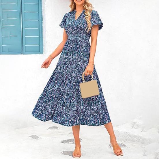 Vestido de mujer V Big Swing Flor Manga de burbuja Cuello pequeño Estampado corto Línea A Cintura alta