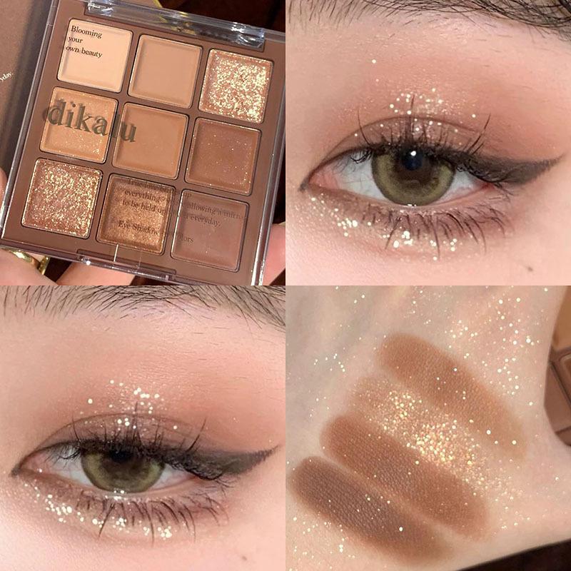 DIKALU Nine-Color Milk Tea Eyeshadow Palette: Acrylic Nude Series with Shimmer & Matte Finish.