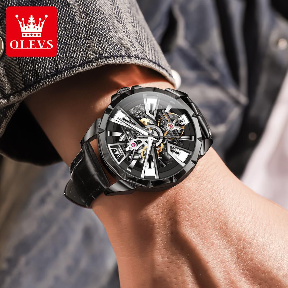 OLEVS 7051 Fashion Men's Watch Leather Strap 30M waterproof Hollow HD Luminous Automatic Mechanical Wristwatch for Men