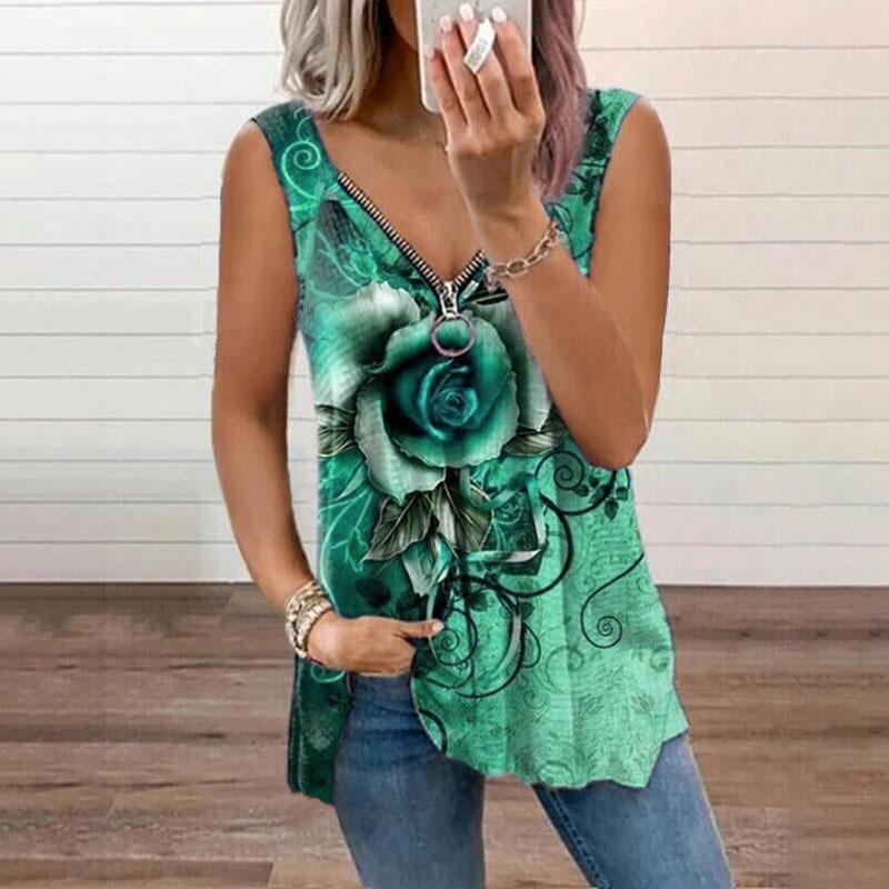 Women Summer Rose Print Zippered V-neck Sleeveless Casual Vest T-shirt