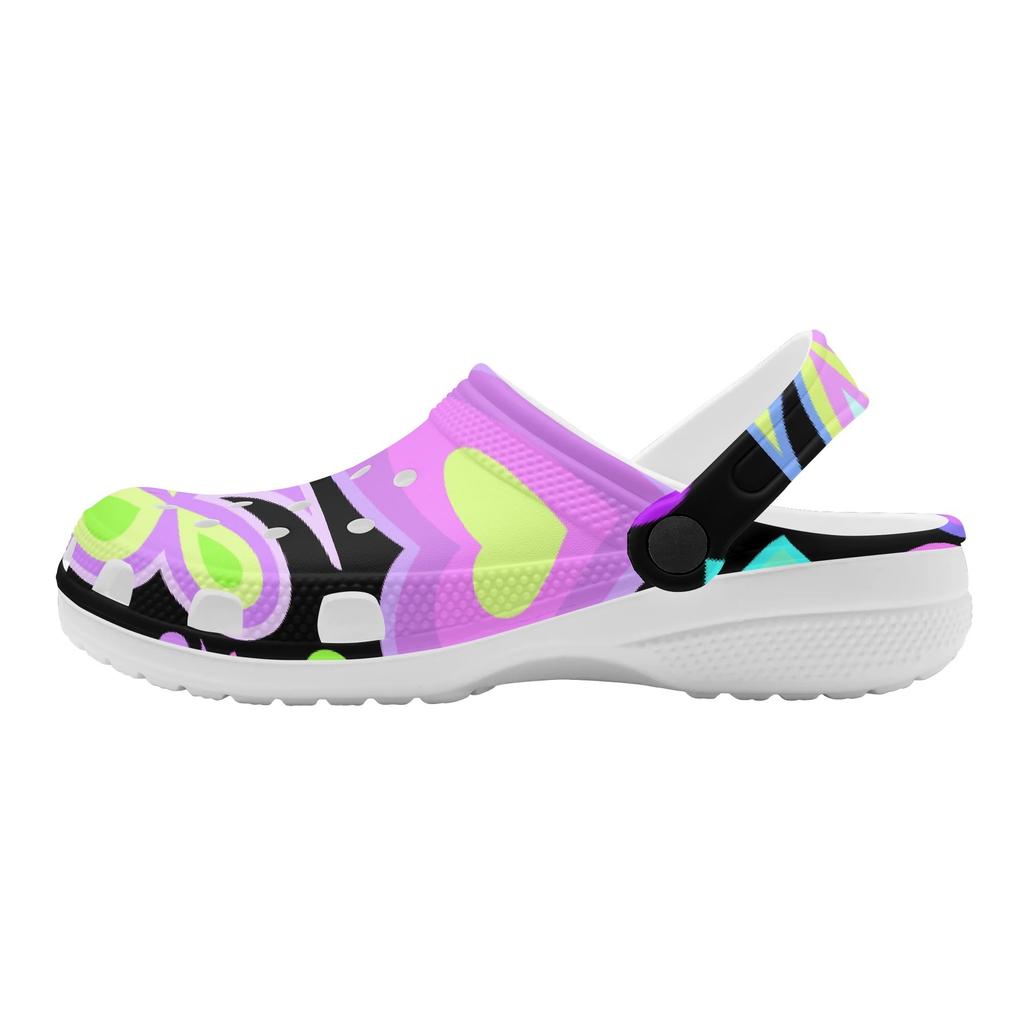 White EVA Clogs with Rainbow Feather Print, Lightweight Slip On Garden Shoes, Breathable Beach Sandals, Indoor Outdoor Slippers for Men Women
