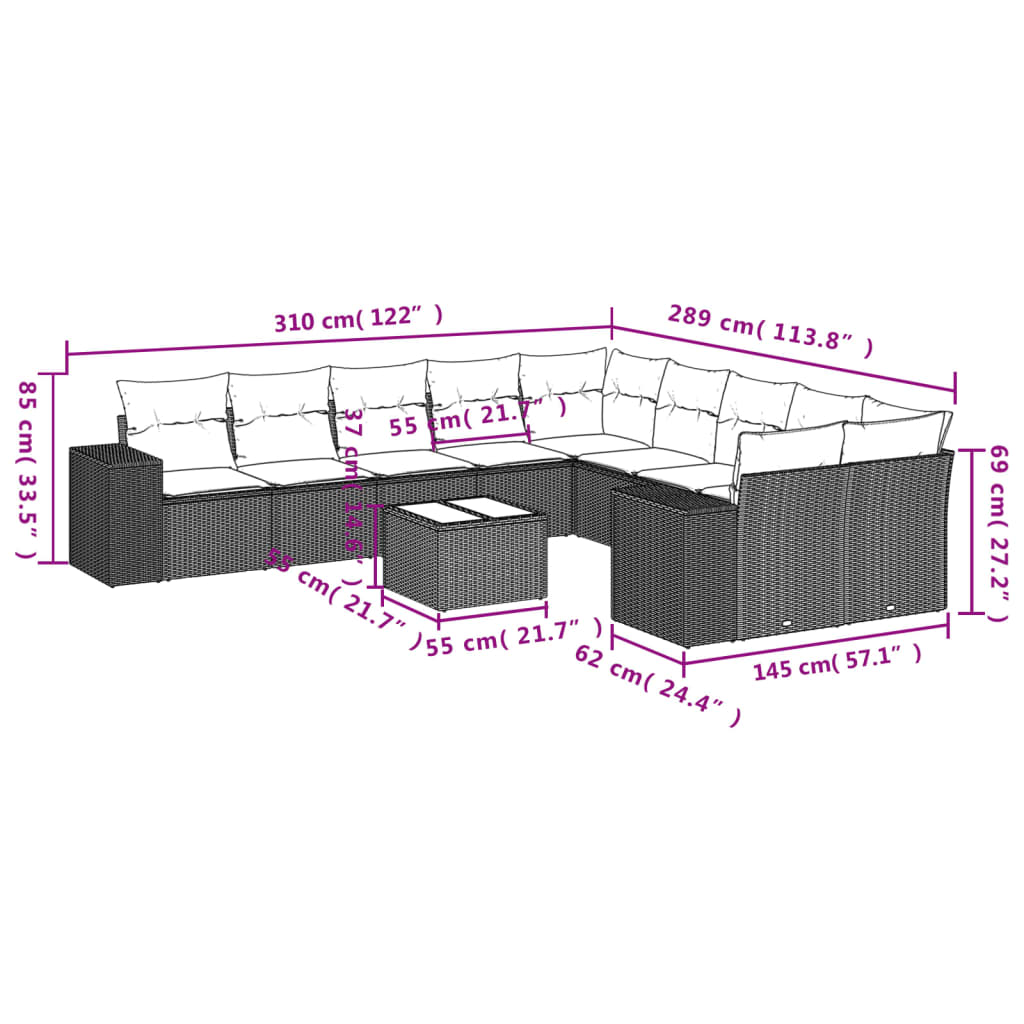 Vidaxl 11-Cz. Garden Furniture Set With Cushions, Beige, Poly Rattan