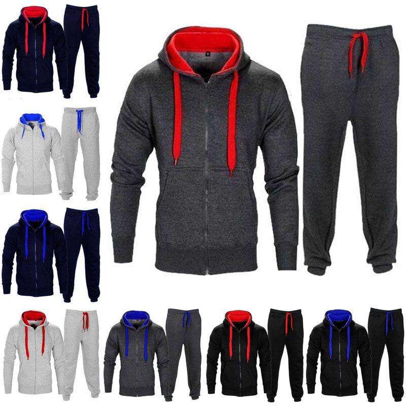 Set Mens Tracksuit Fleece Zip Hoodie Topsbottoms Joggers Gym Jogging Contrast