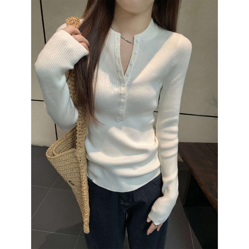 Spring single-breasted slim-fit pit strip knitted sweater women's crew neck pullover long-sleeved top Lazy wind bottoming shirt