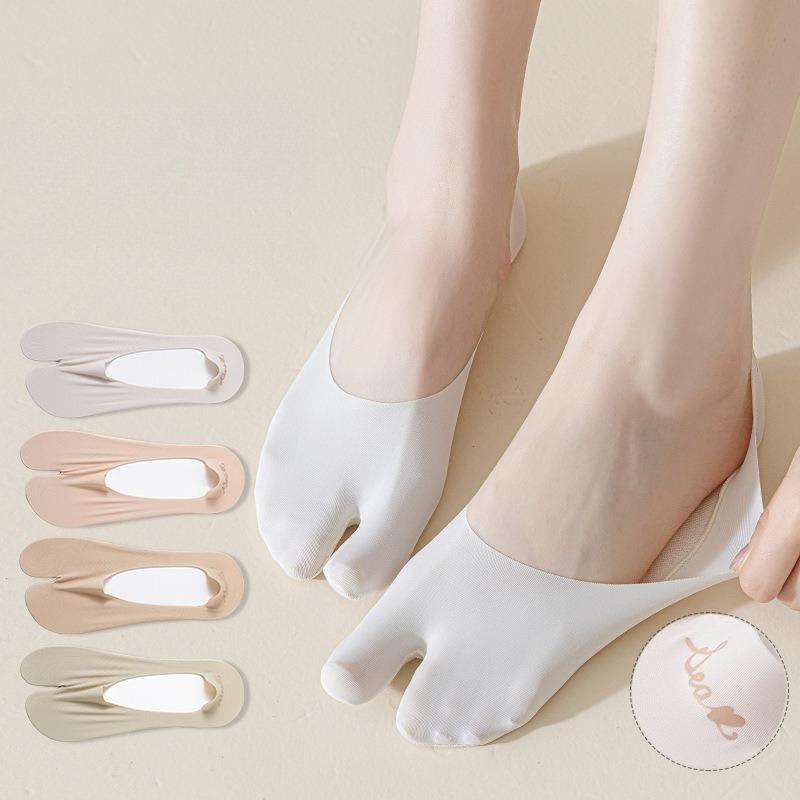 Two Toes Low Cut Boat Socks Women Silicone Non-slip Seamless Ice Silk Sock Slippers Cotton Bottom Summer Invisible No Show Socks