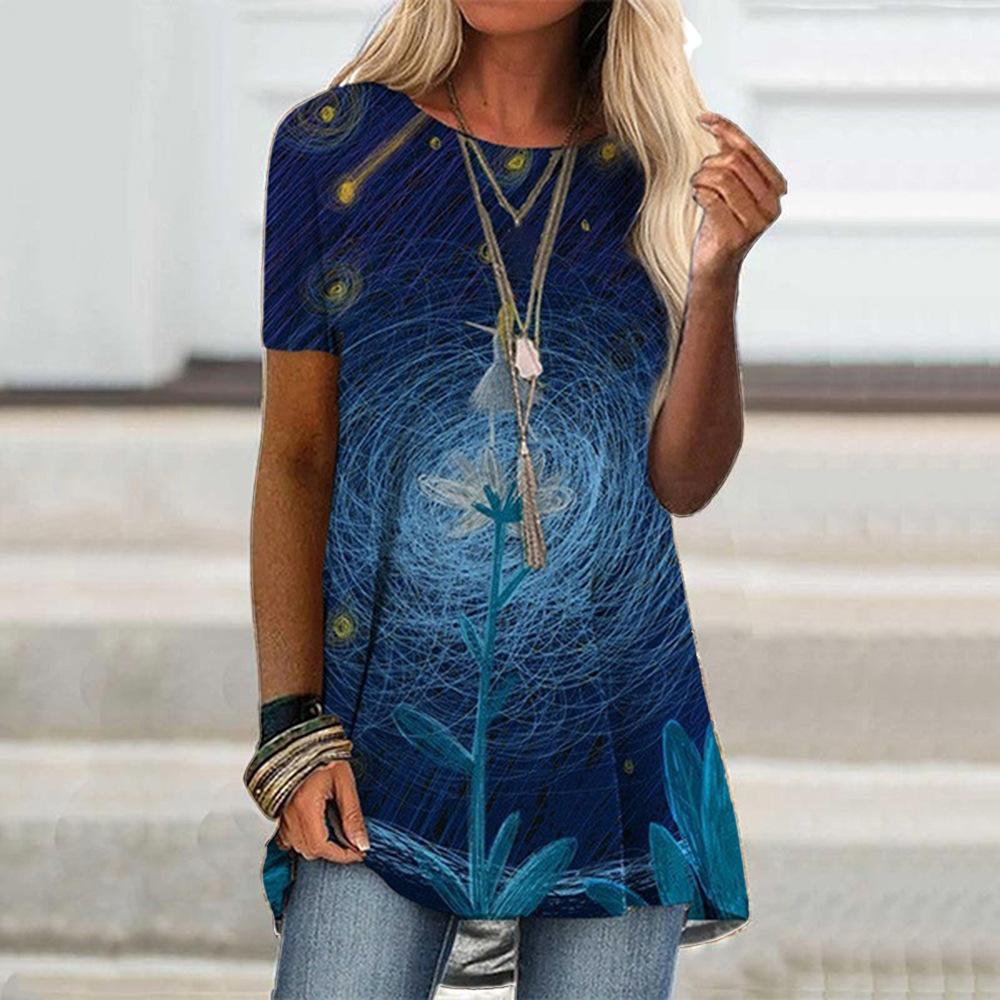 Women's Round Neck Short Sleeve Geometric Print Tunic Top Casual Asymmetrical Hem Blouse