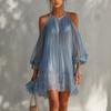 Bohemian Neck Off-the-shoulder Pleated Chiffon Dress Loose Bubble Sleeve Lace Hem Vacation Beach Skirt