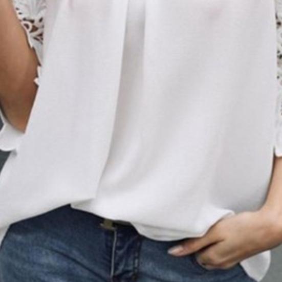 Ladies Top Hollow Lace Sleeves Spring Summer Loose Pure Color Shirt Blouse for Daily Wear