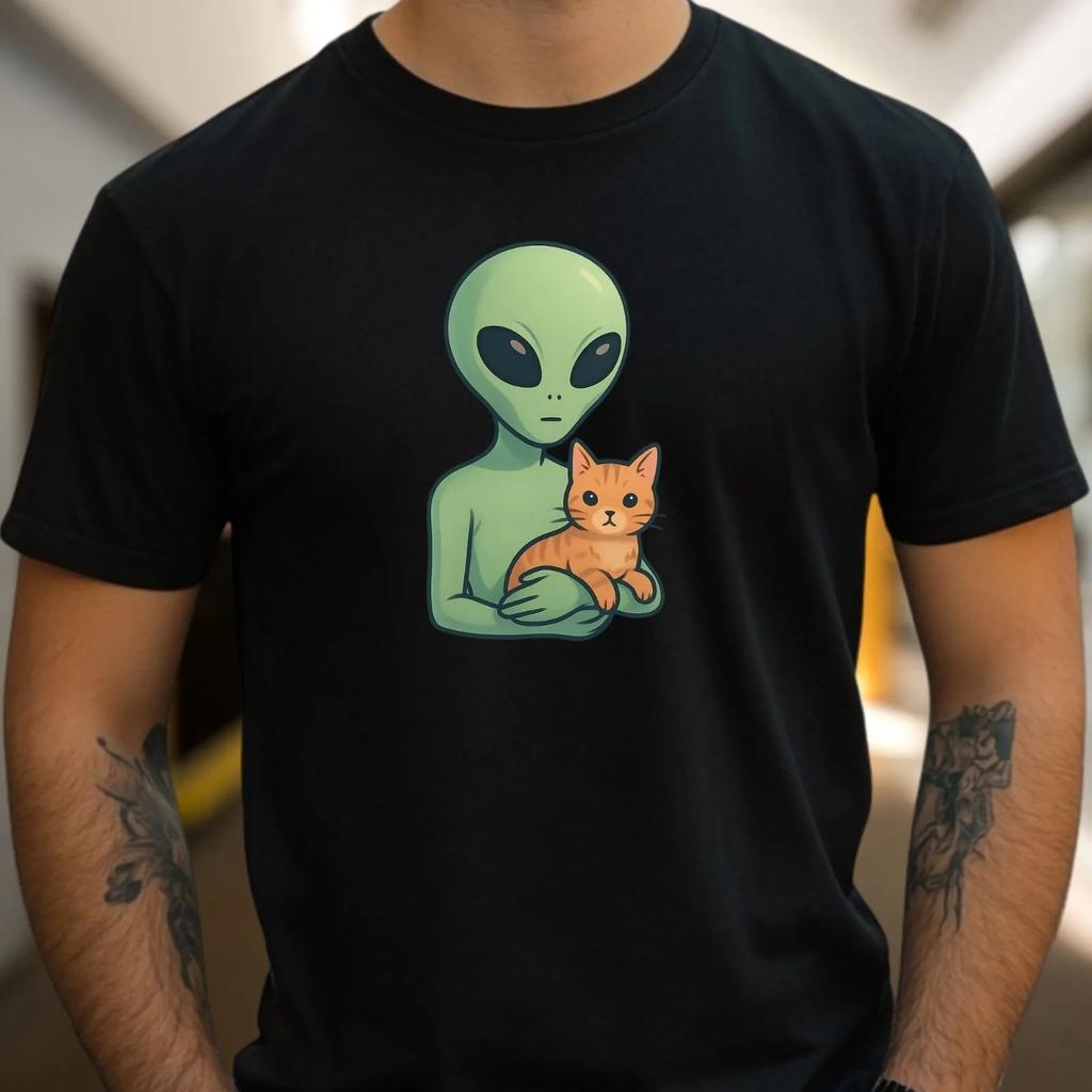 Alien With Kitten Tshirt Funny Cute Scifi Cat Unisex Funshirt